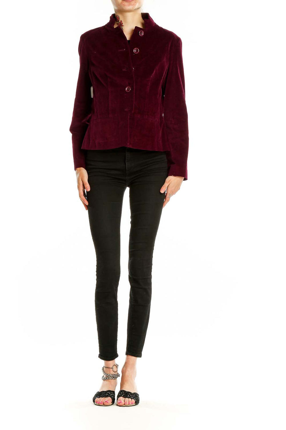 Front view of Talbots burgundy velvet peplum blazer with button closure