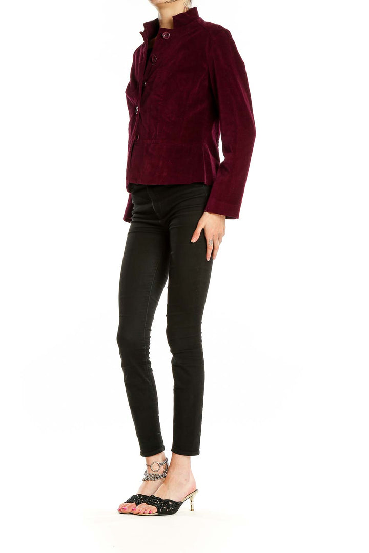 Front view of Talbots burgundy velvet peplum blazer with button closure