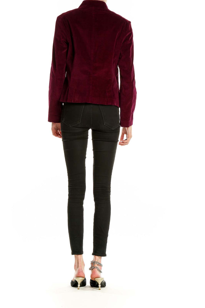 Back view of Talbots burgundy velvet peplum blazer showing fitted silhouette