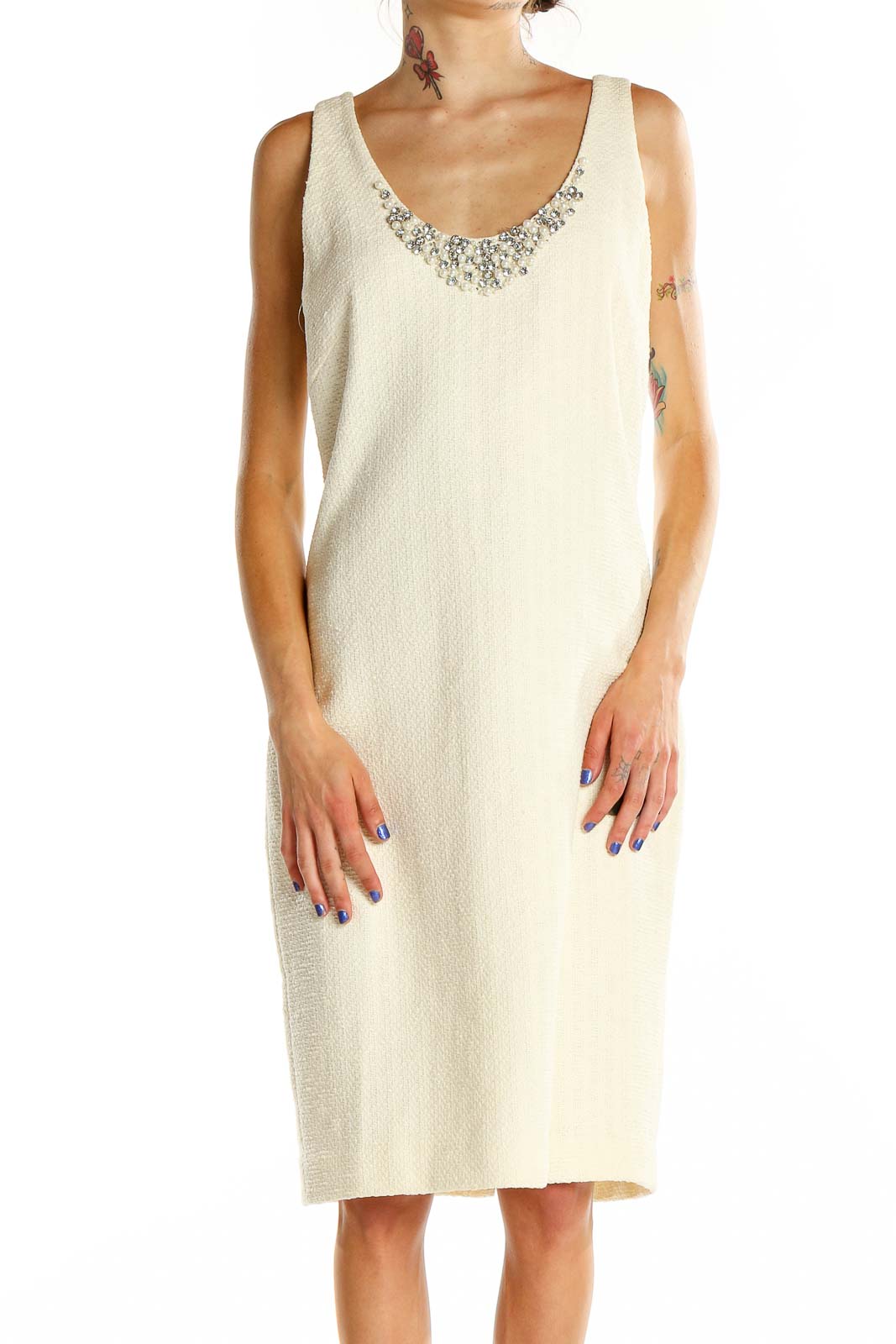 Front view of Magaschoni Collection cream sheath dress with embellished neckline
