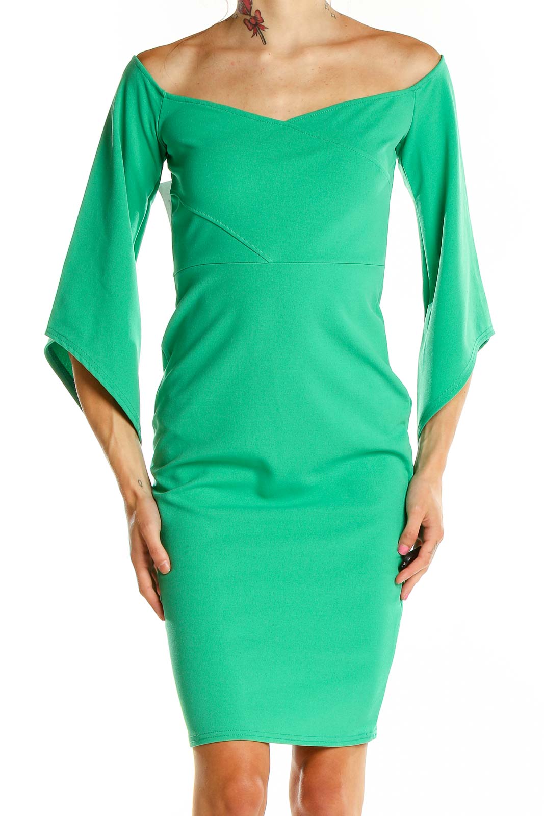 green emerald velvet dress Green Off-Shoulder Bell Sleeve Bodycon Dress