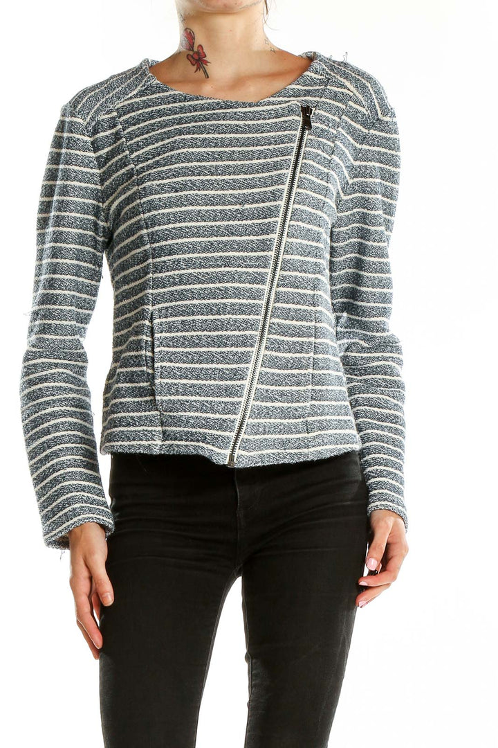 Gray White Stripe Zip Up Jacket