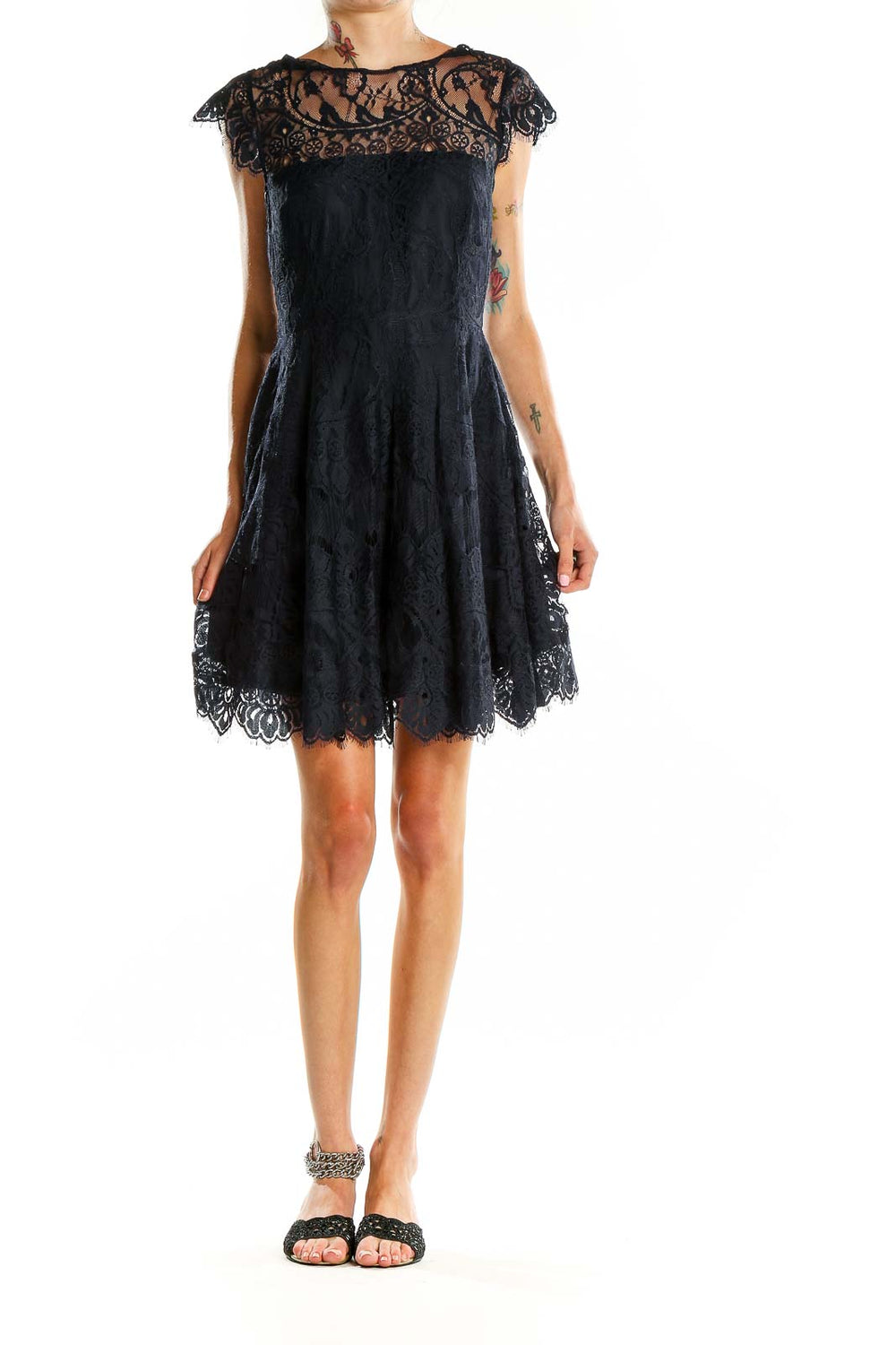 Front view of BB Dakota black lace cocktail dress with sheer neckline