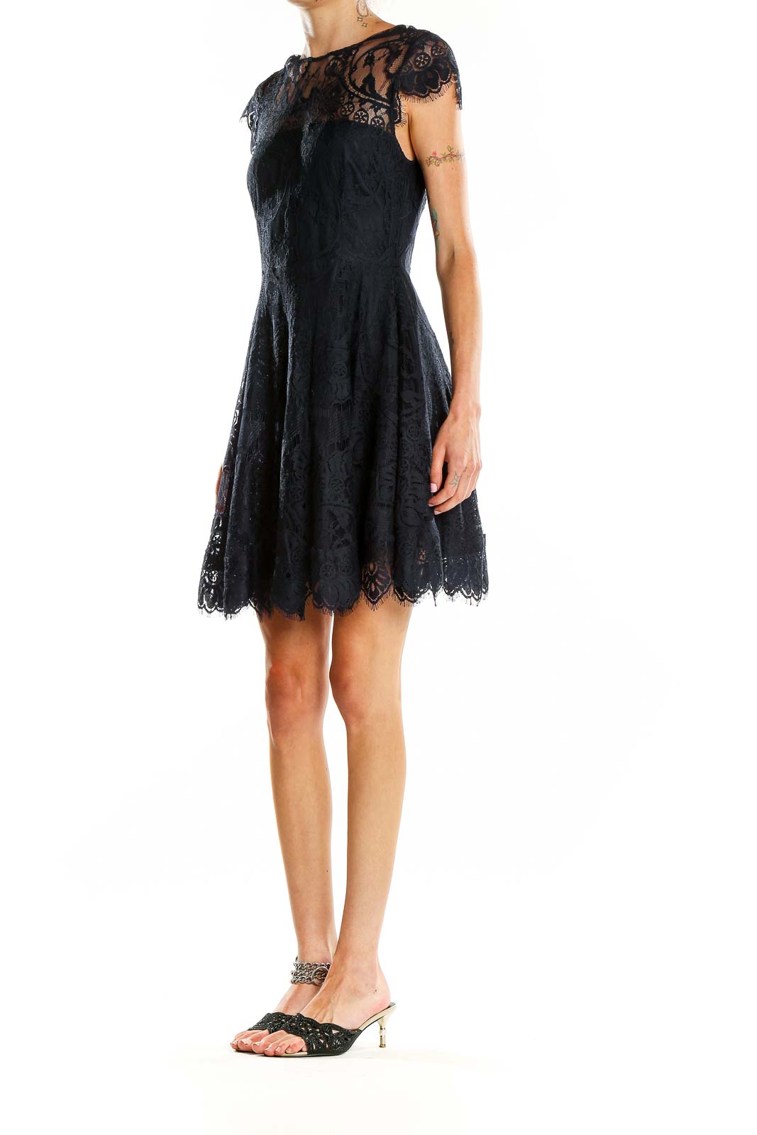 Front view of BB Dakota black lace cocktail dress with sheer neckline