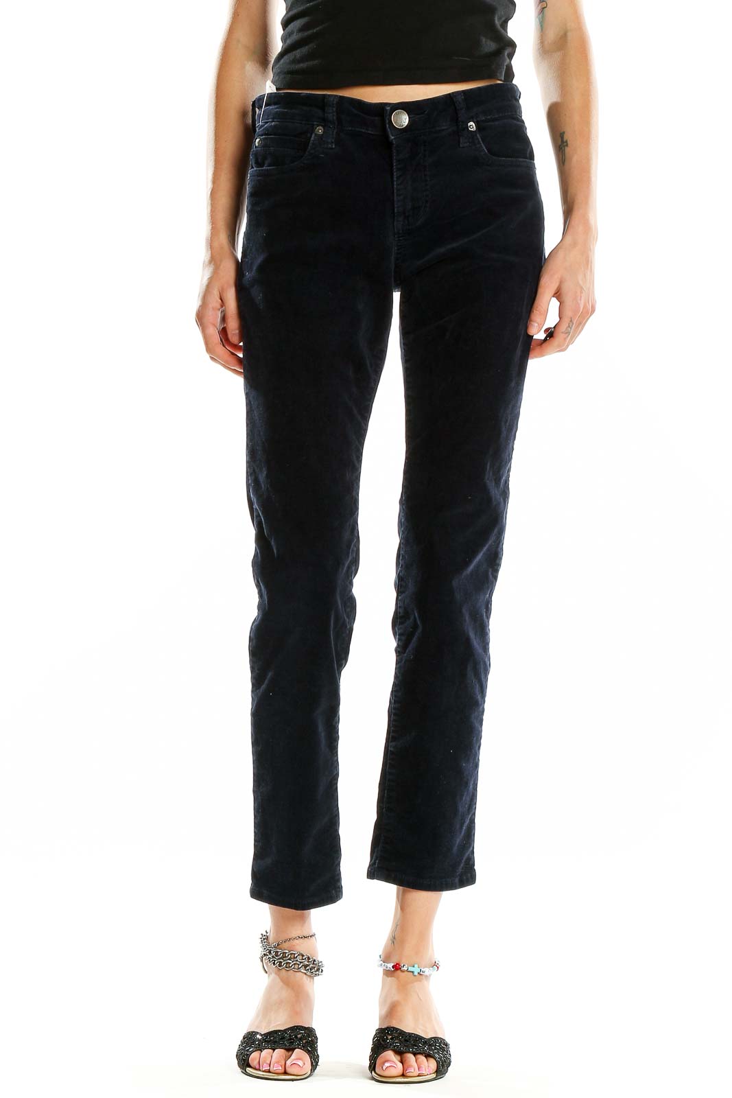 Front view of KUT from the Kloth navy corduroy straight leg pants on model