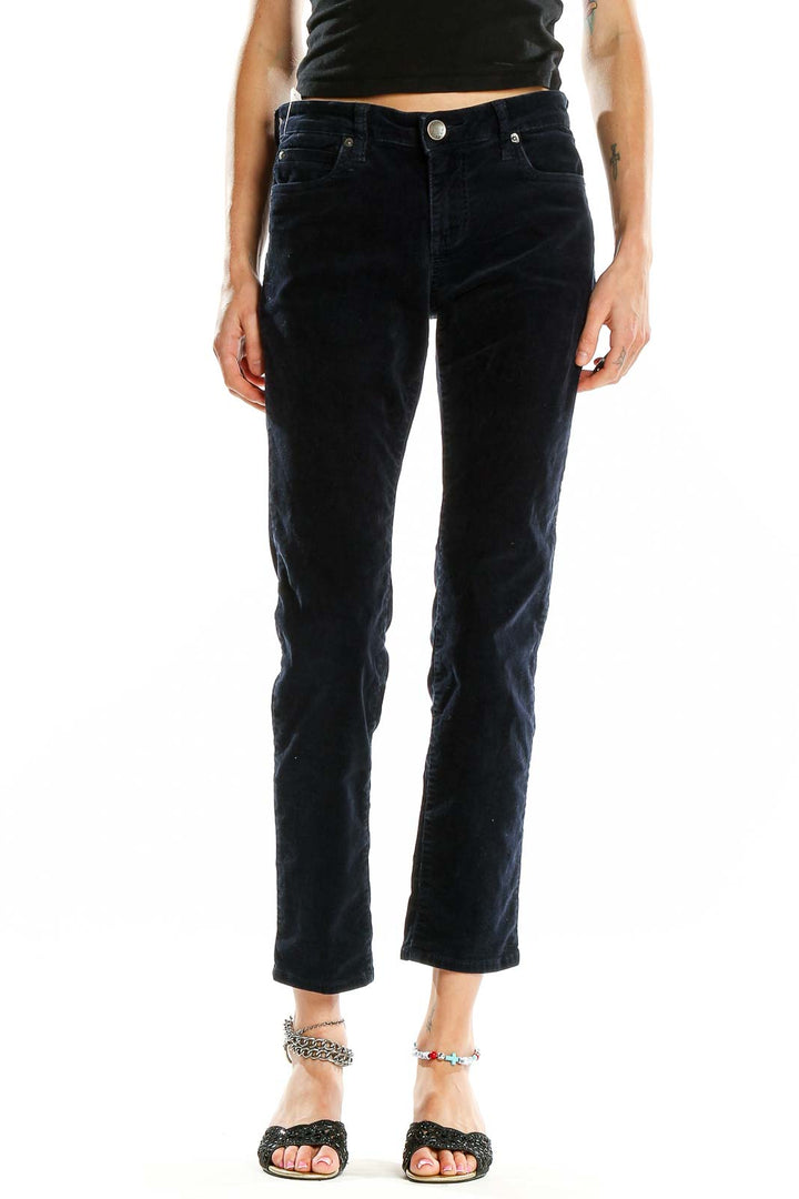 Front view of KUT from the Kloth navy corduroy straight leg pants on model