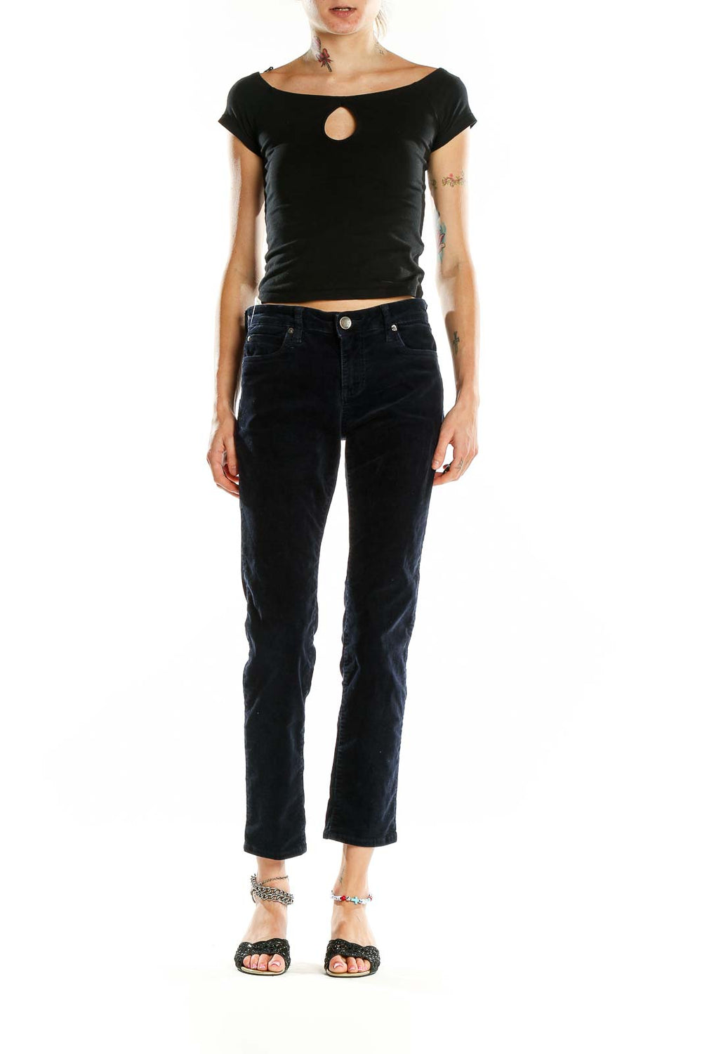 Front view of KUT from the Kloth navy corduroy straight leg pants on model