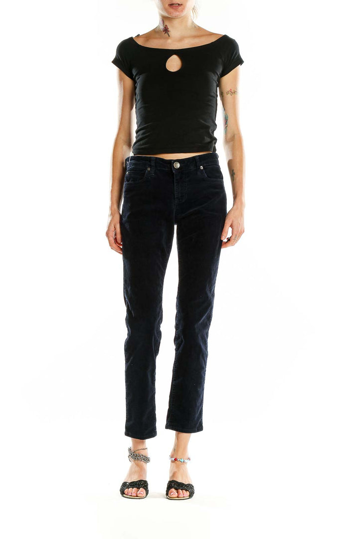 Front view of KUT from the Kloth navy corduroy straight leg pants on model