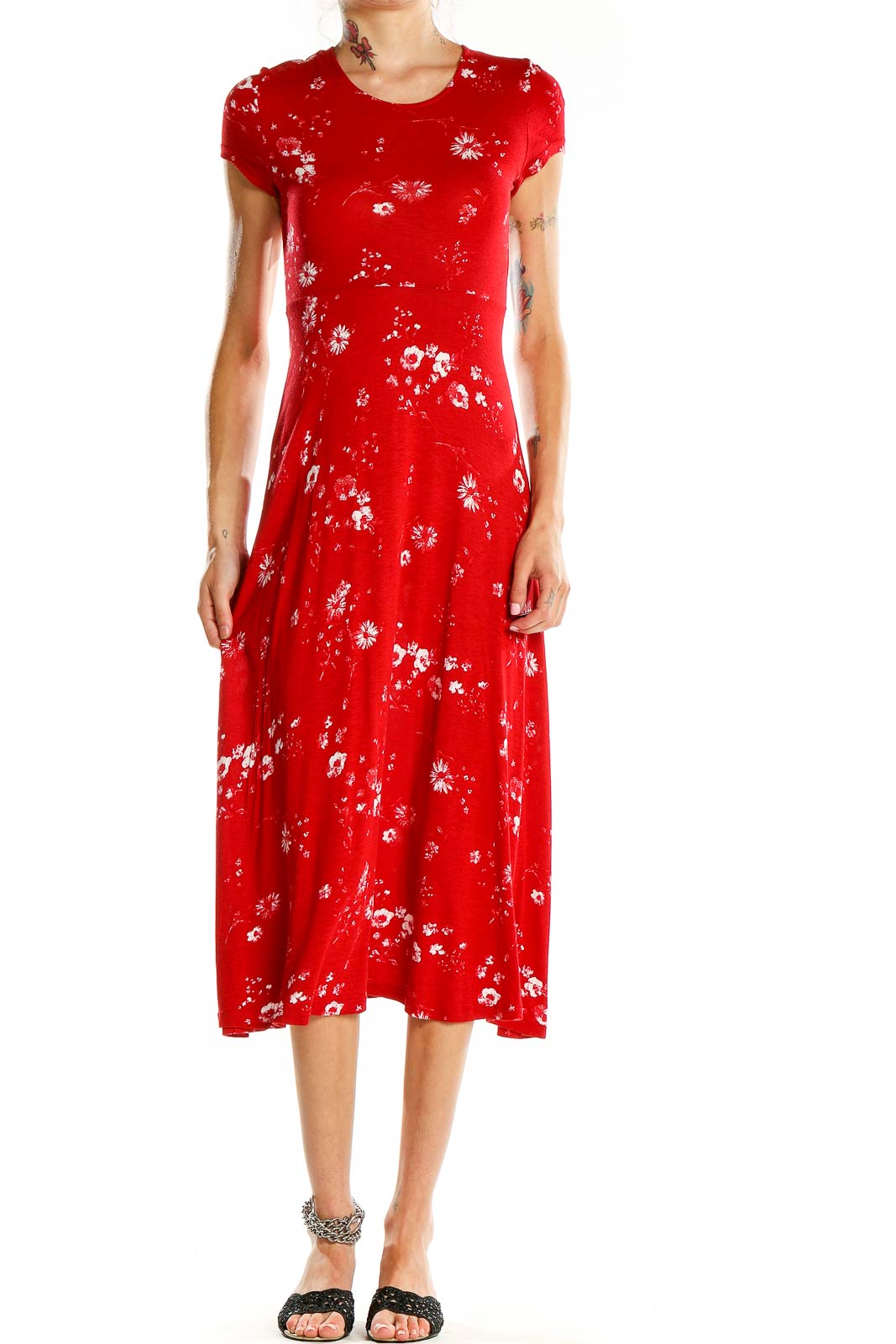 Front view of Urban Outfitters red floral midi dress with short sleeves