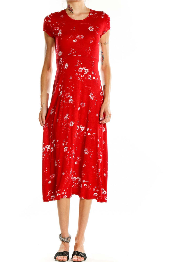 Front view of Urban Outfitters red floral midi dress with short sleeves