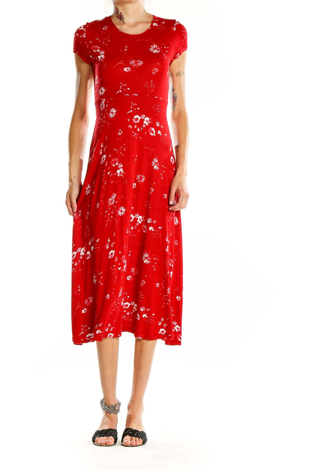 Front view of Urban Outfitters red floral midi dress with short sleeves