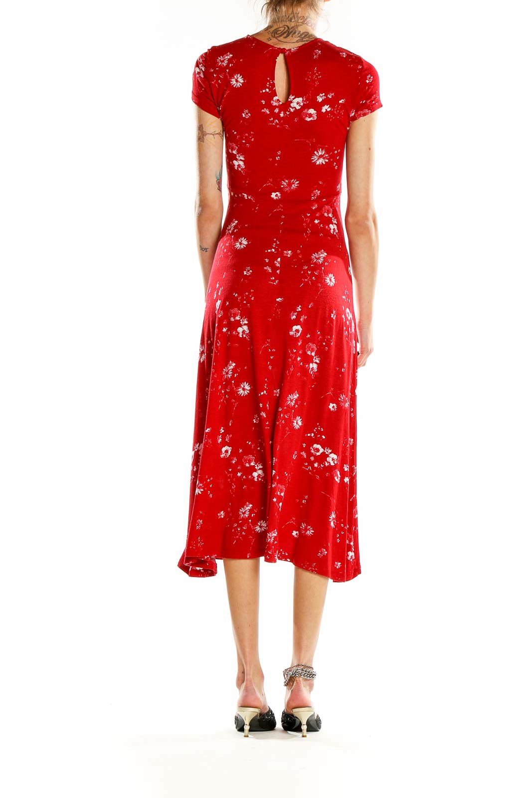 Back view of Urban Outfitters red floral midi dress showing keyhole detail