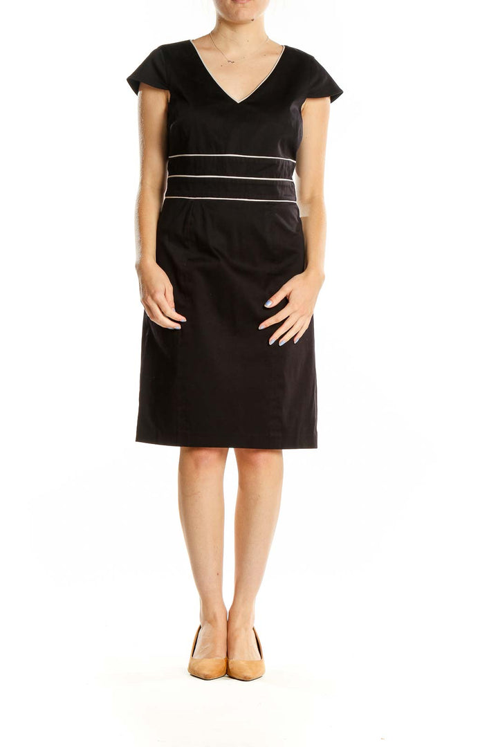 Black V-Neck Sheath Dress with Striped Waist