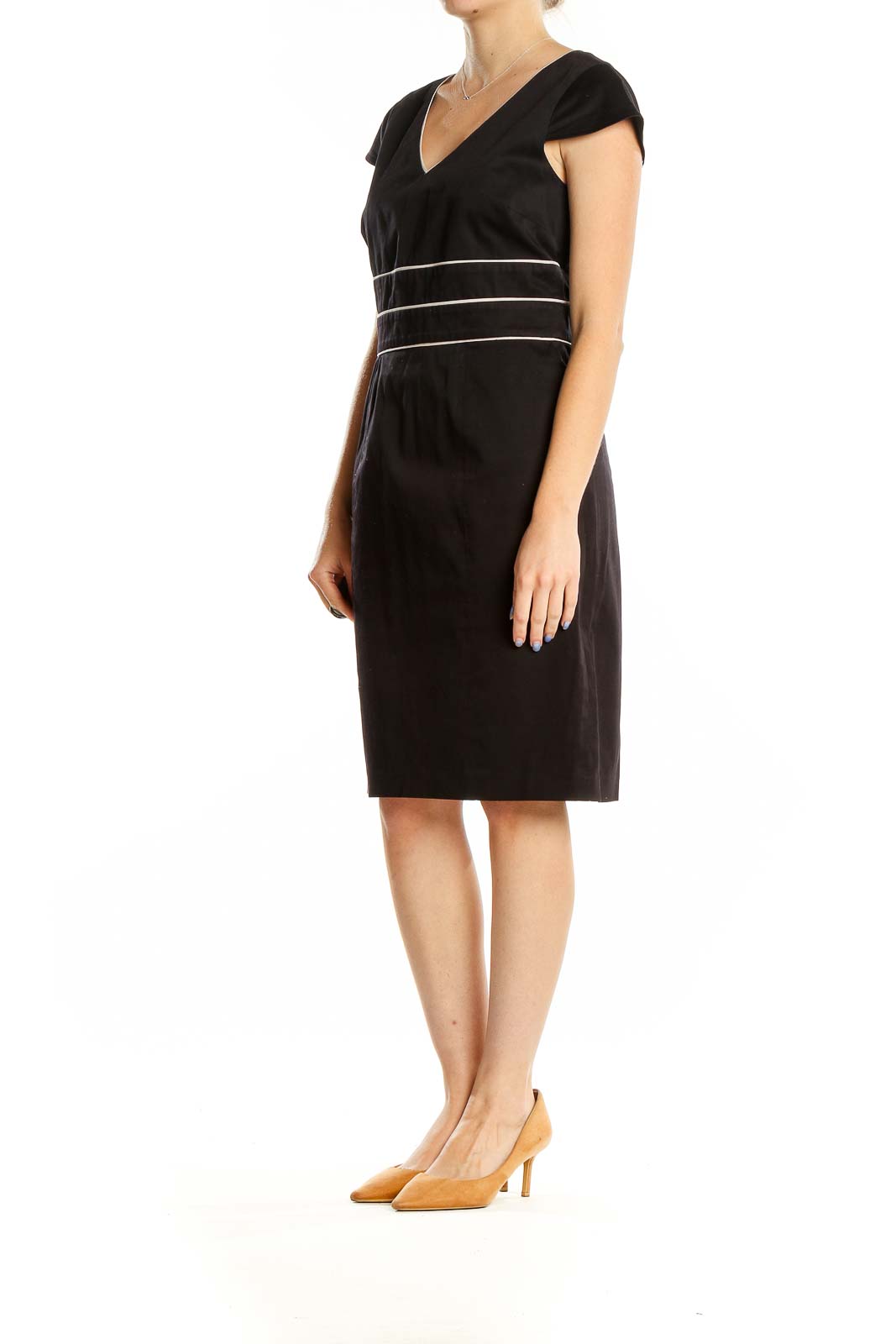 Black V-Neck Sheath Dress with Striped Waist
