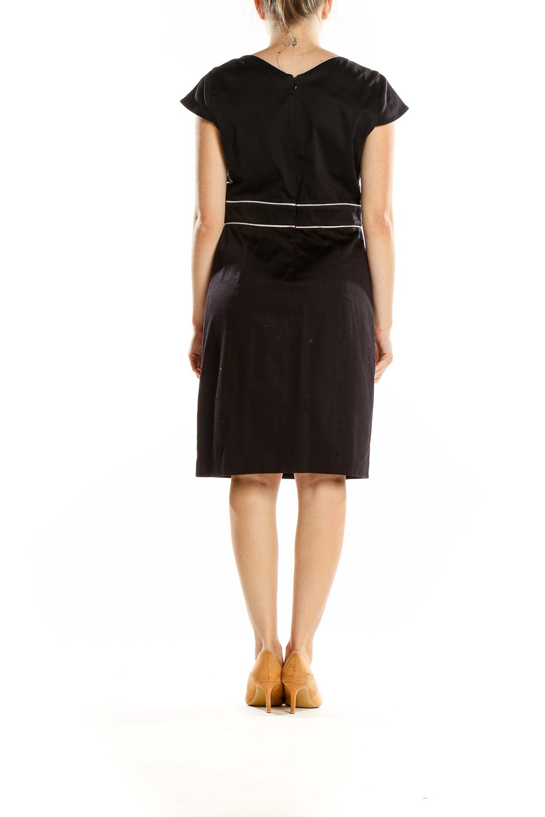 Black V-Neck Sheath Dress with Striped Waist
