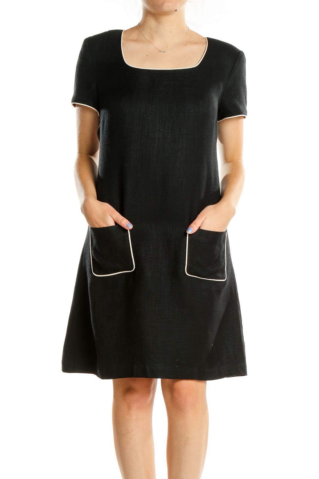 Front view of Donna Ricco black A-line dress with square neckline and pockets