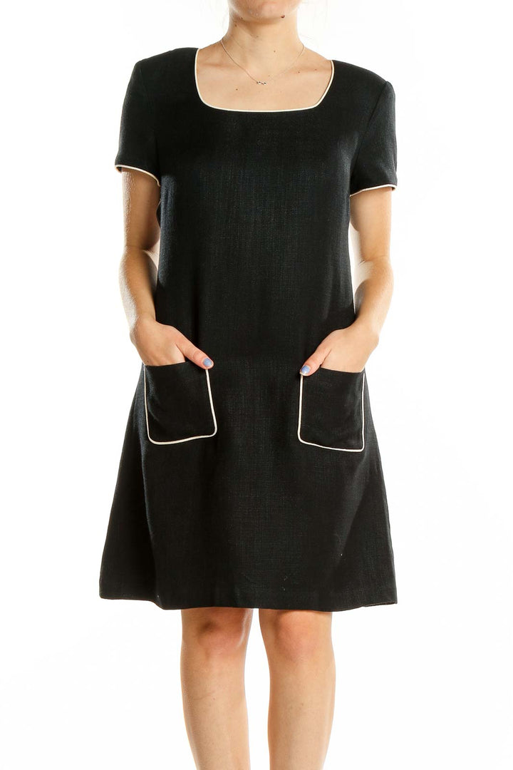 Front view of Donna Ricco black A-line dress with square neckline and pockets