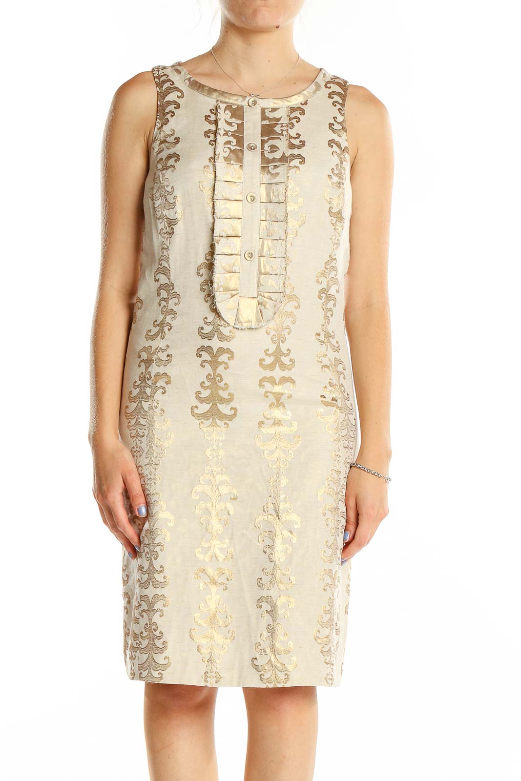 Front view of Tory Burch cream linen dress with gold embroidery and ruffle detail