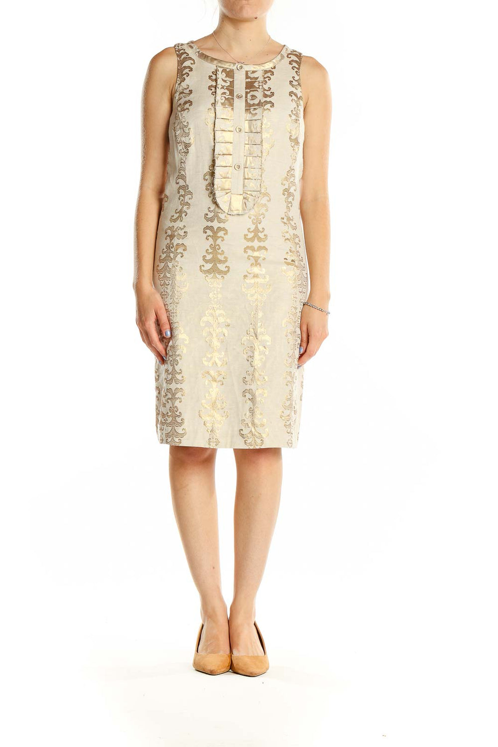 Front view of Tory Burch cream linen dress with gold embroidery and ruffle detail