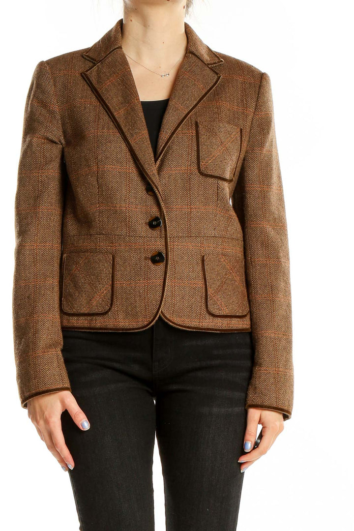 Front view of Zara Basic brown plaid wool blend blazer