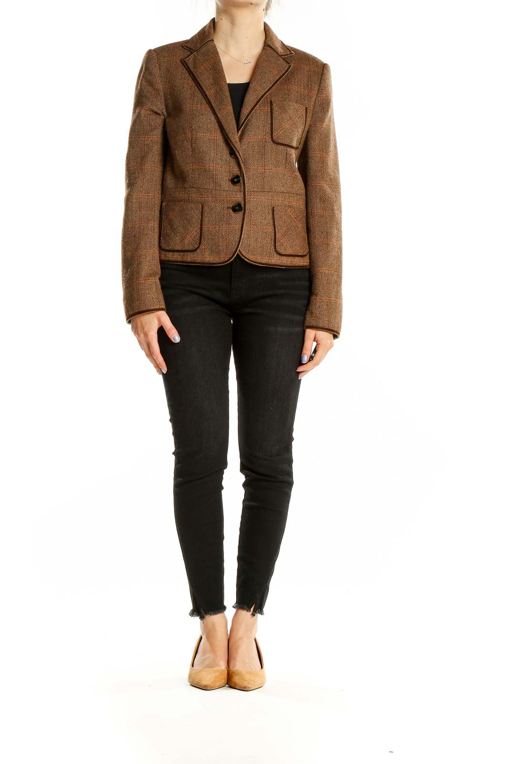 Front view of Zara Basic brown plaid wool blend blazer
