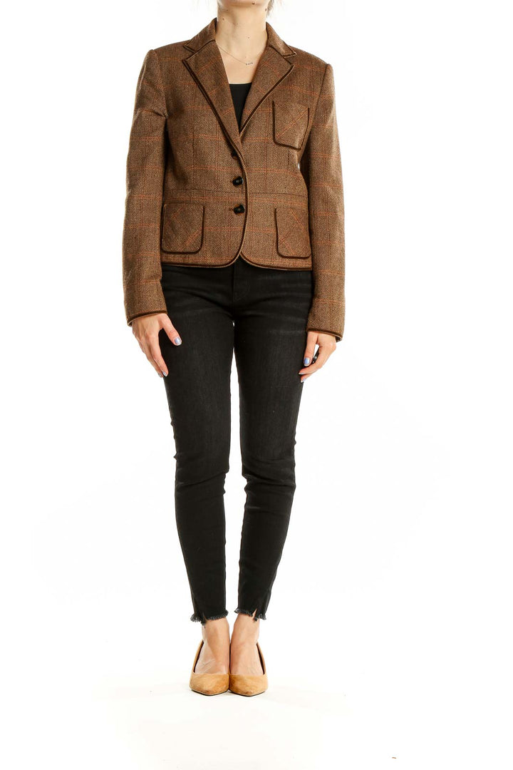 Front view of Zara Basic brown plaid wool blend blazer
