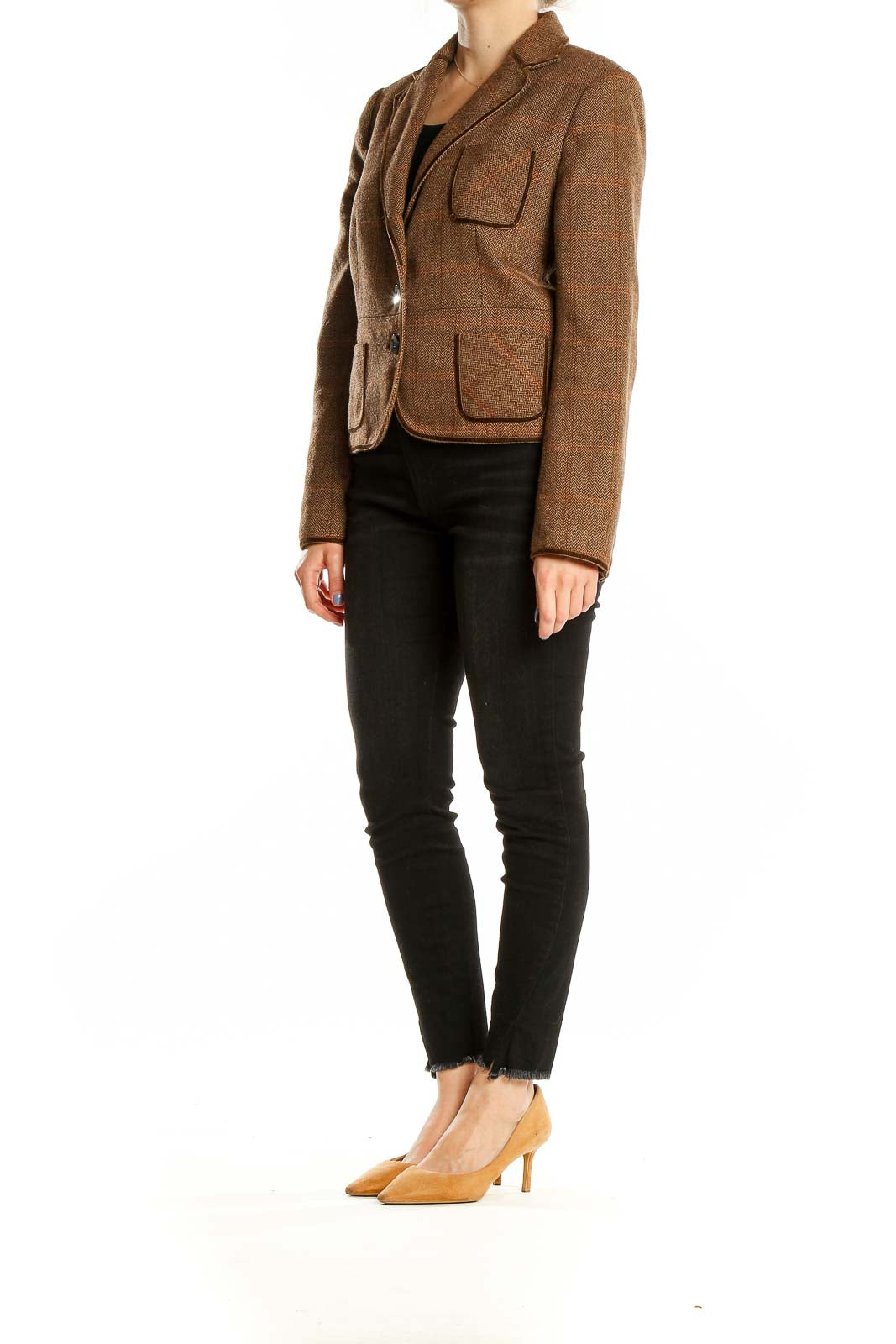 Front view of Zara Basic brown plaid wool blend blazer