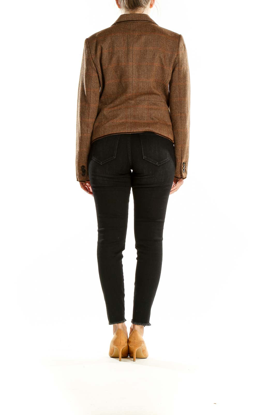 Back view of Zara Basic brown plaid wool blend blazer on model