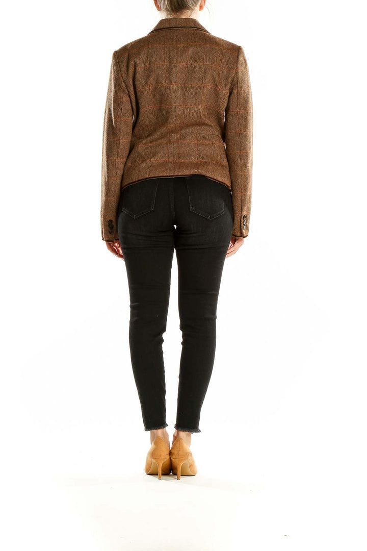 Back view of Zara Basic brown plaid wool blend blazer on model