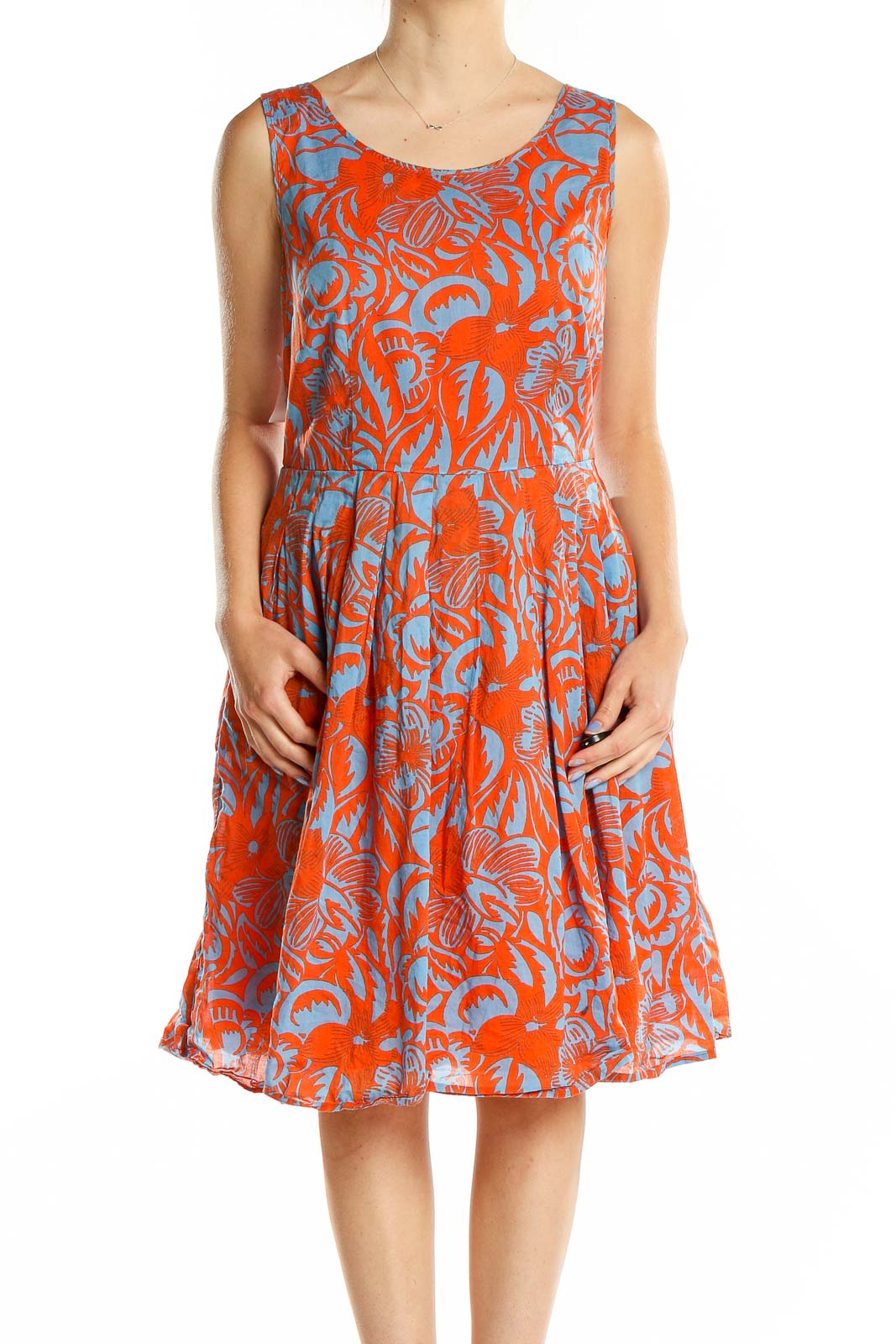 Front view of orange and blue floral print sleeveless cotton dress from Talbots