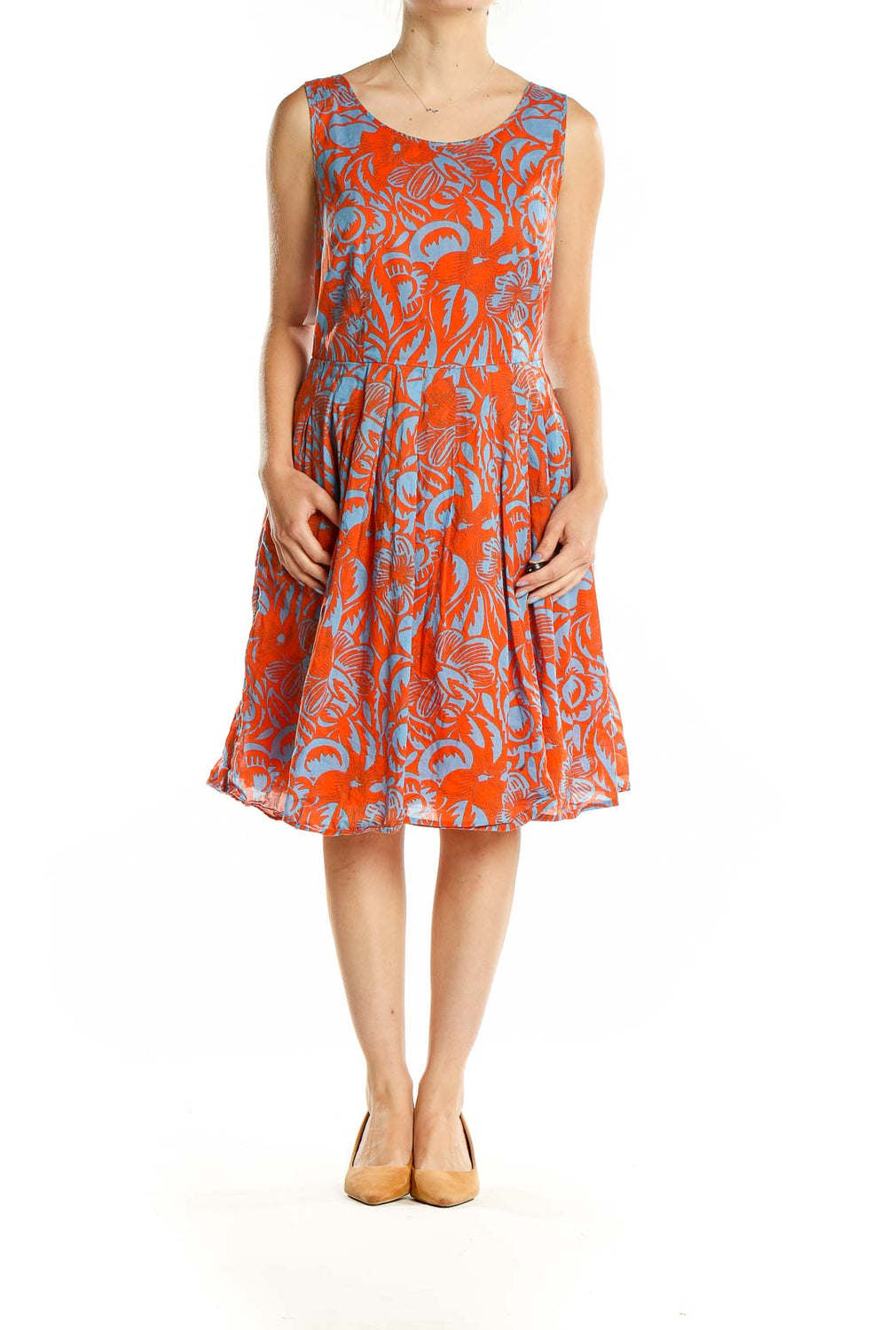 Front view of orange and blue floral print sleeveless cotton dress from Talbots