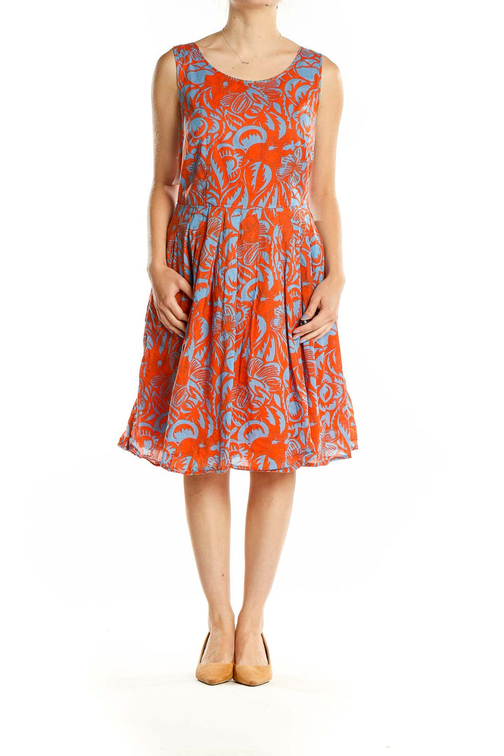 Front view of orange and blue floral print sleeveless cotton dress from Talbots
