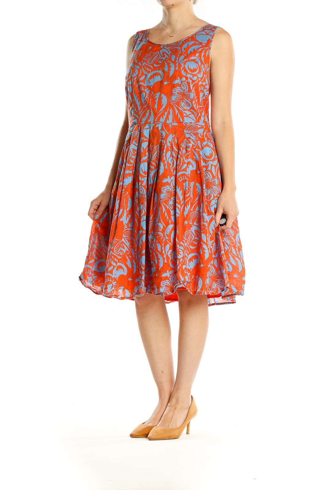 Front view of orange and blue floral print sleeveless cotton dress from Talbots
