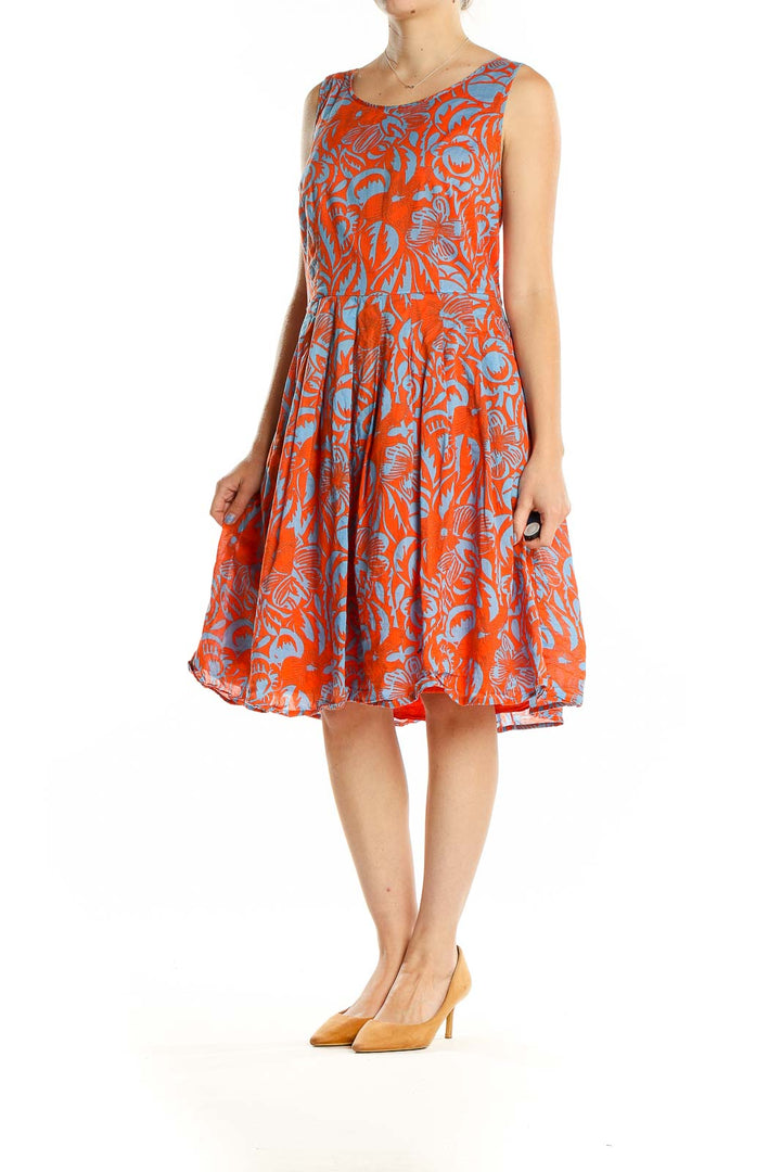 Front view of orange and blue floral print sleeveless cotton dress from Talbots
