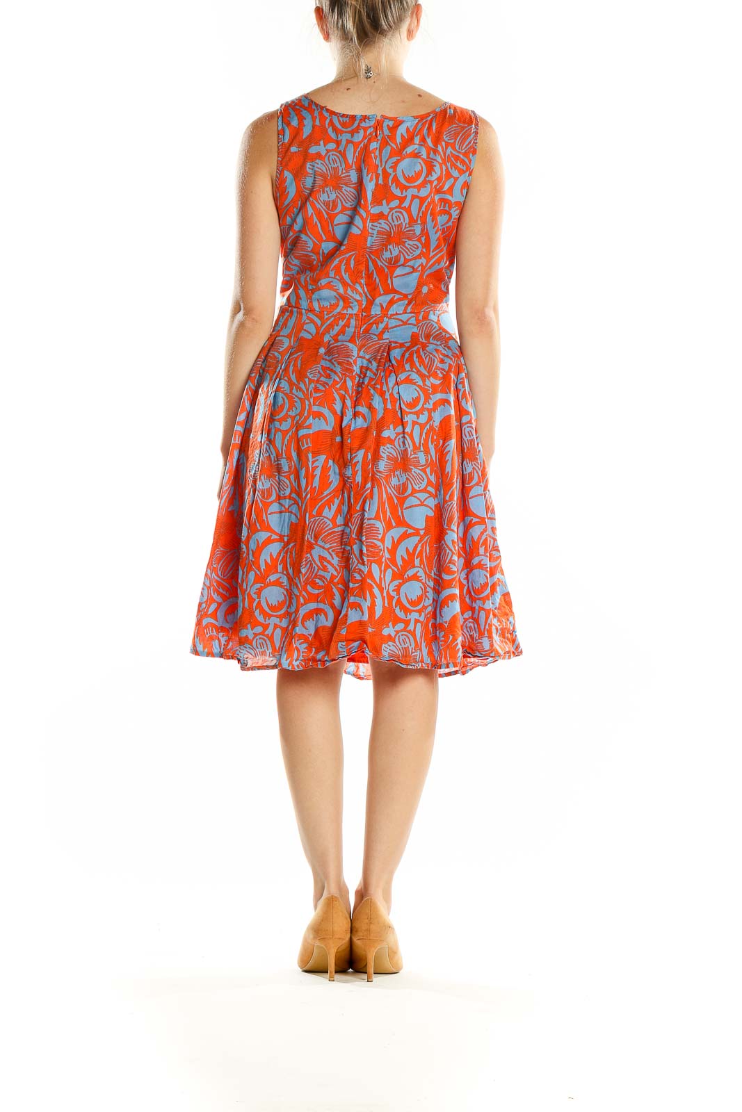 Back view of orange and blue floral print sleeveless cotton dress from Talbots
