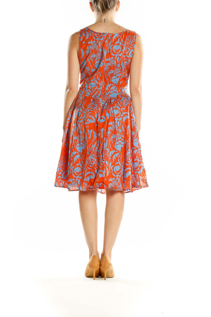 Back view of orange and blue floral print sleeveless cotton dress from Talbots