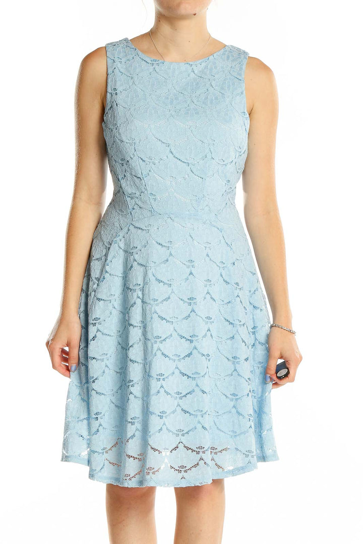 Front view of Aqua light blue lace fit-and-flare sleeveless dress