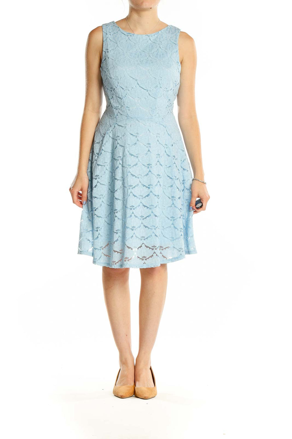 Front view of Aqua light blue lace fit-and-flare sleeveless dress