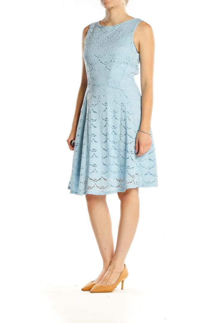 Front view of Aqua light blue lace fit-and-flare sleeveless dress