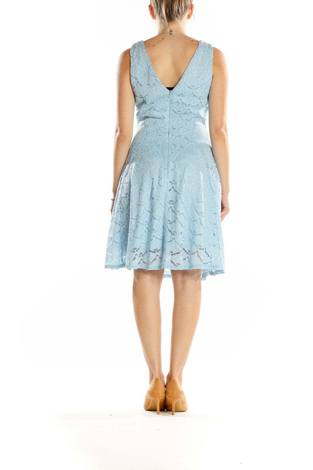 Back view of Aqua light blue lace fit-and-flare sleeveless dress with V-back