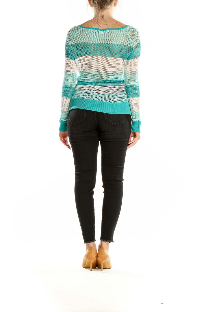 Back view of teal striped open knit sweater by Boston Proper