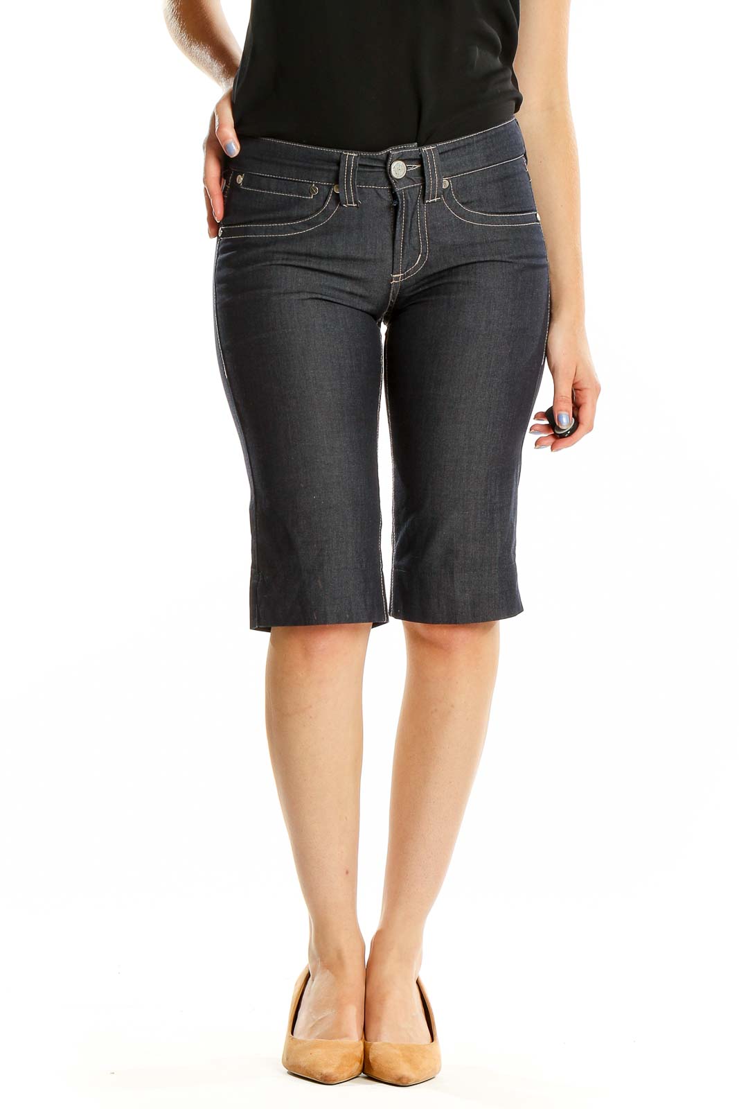 Front view of Billy Blues dark blue denim Bermuda shorts on model