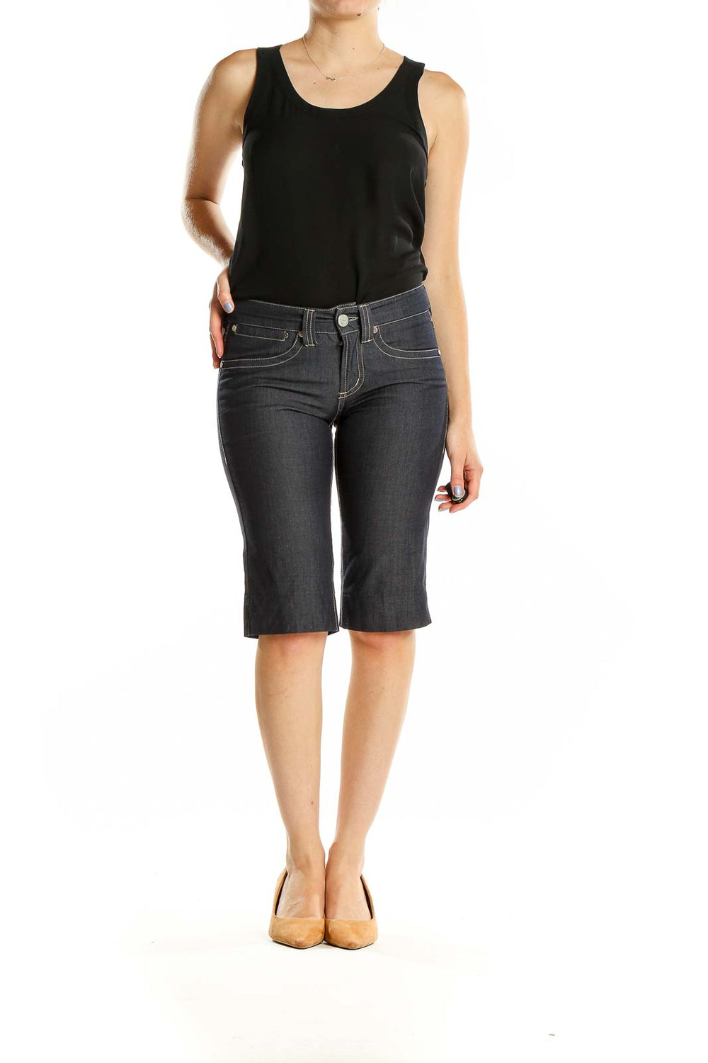 Front view of Billy Blues dark blue denim Bermuda shorts on model
