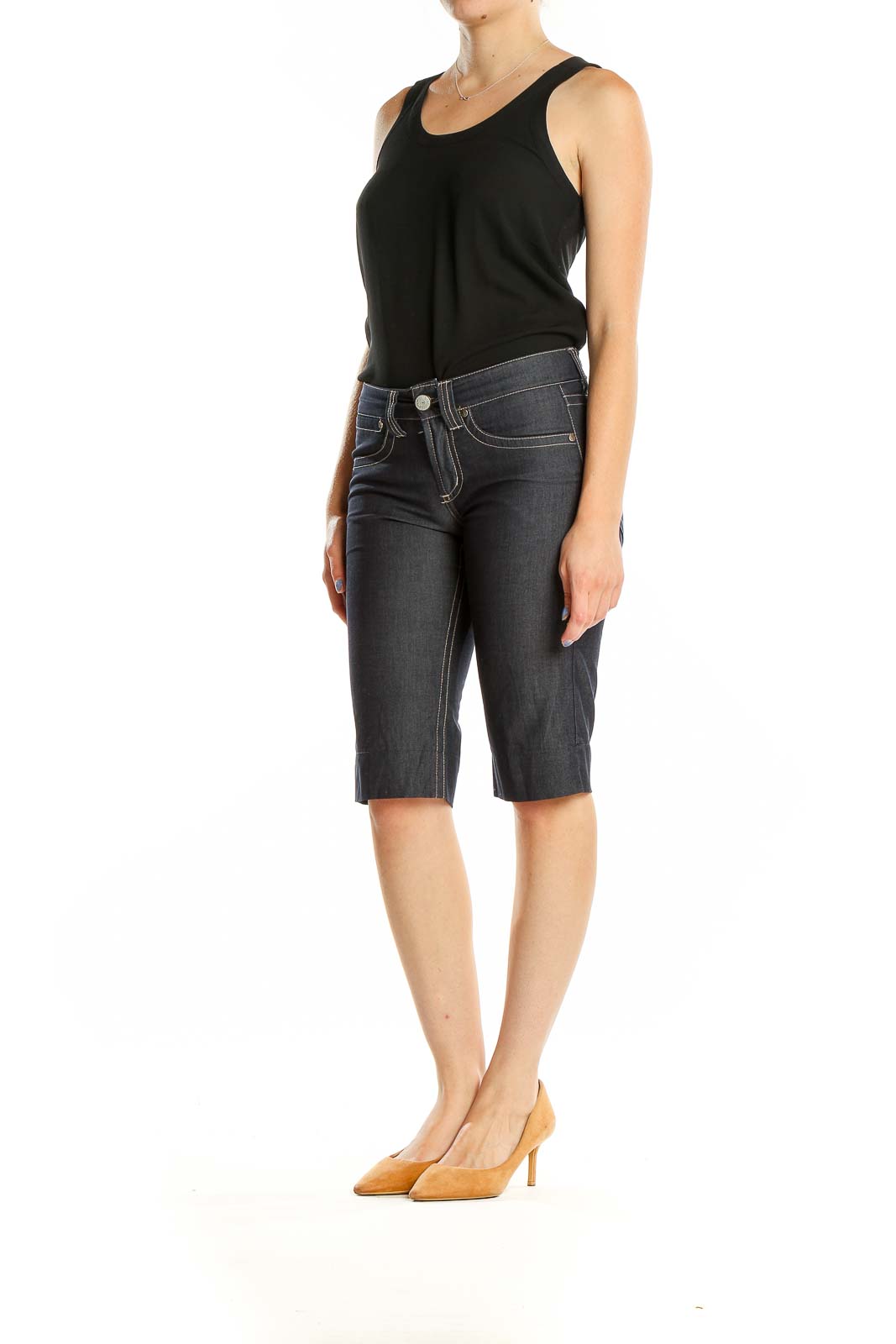 Front view of Billy Blues dark blue denim Bermuda shorts on model