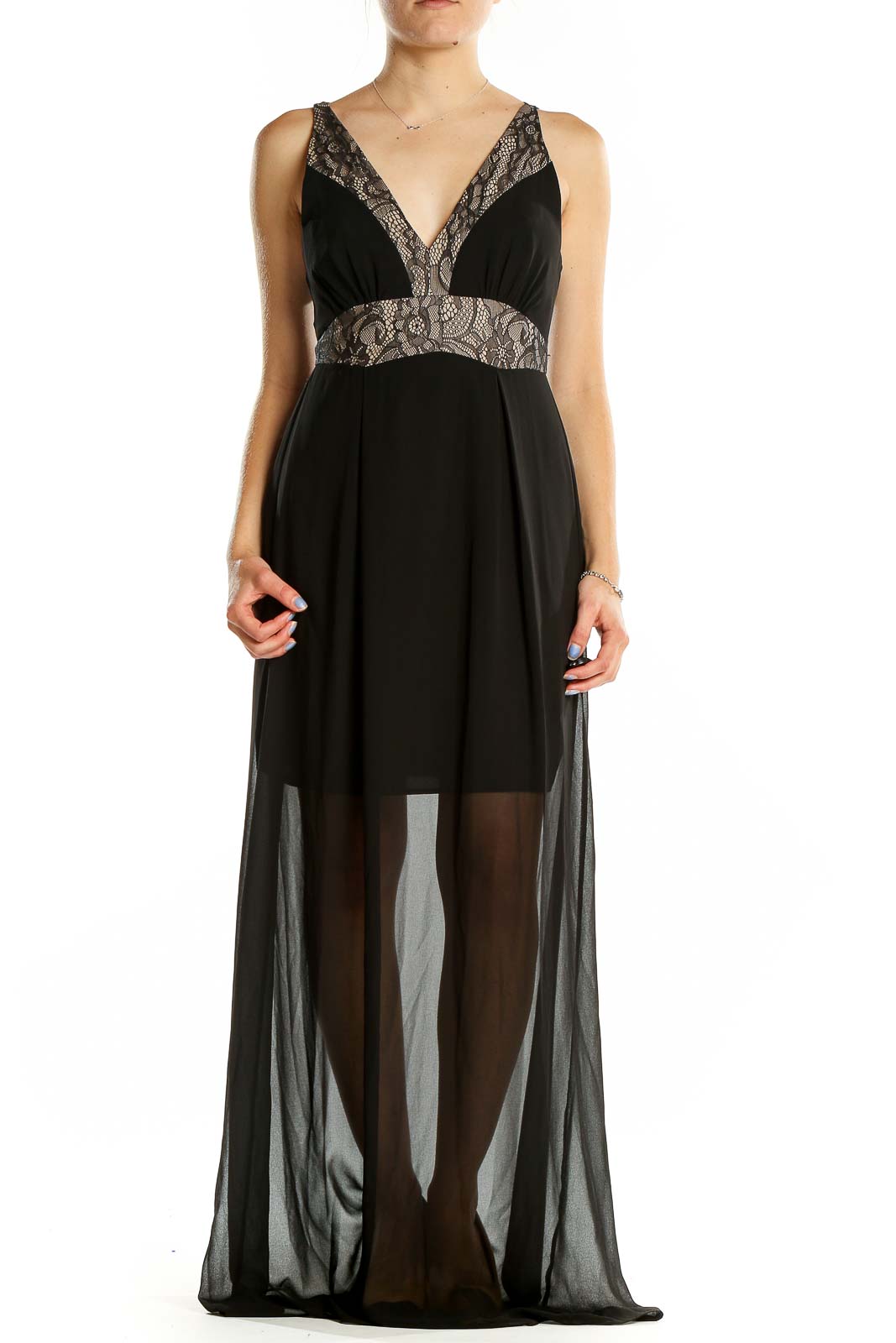 Front view of BCBGeneration black maxi dress with lace-trimmed plunging neckline and sheer overlay