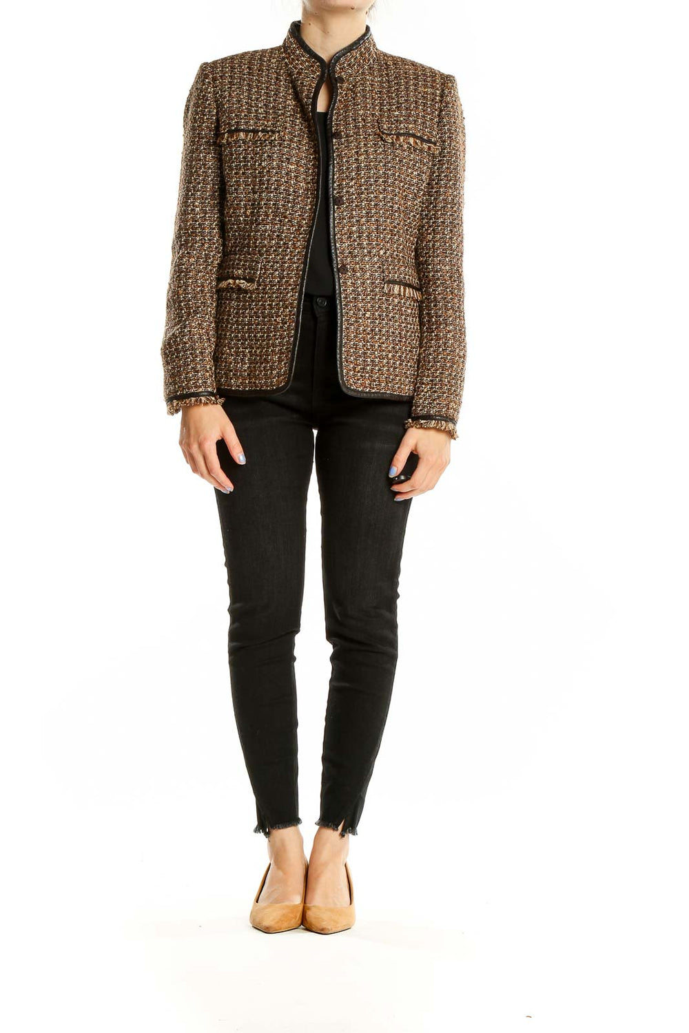 Front view of Tahari Arthur S. Levine brown tweed jacket with mandarin collar