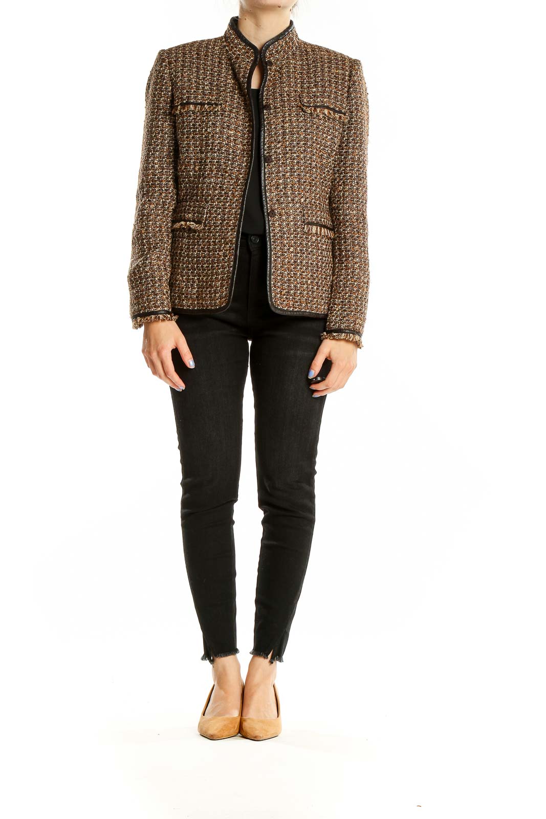 Front view of Tahari Arthur S. Levine brown tweed jacket with mandarin collar