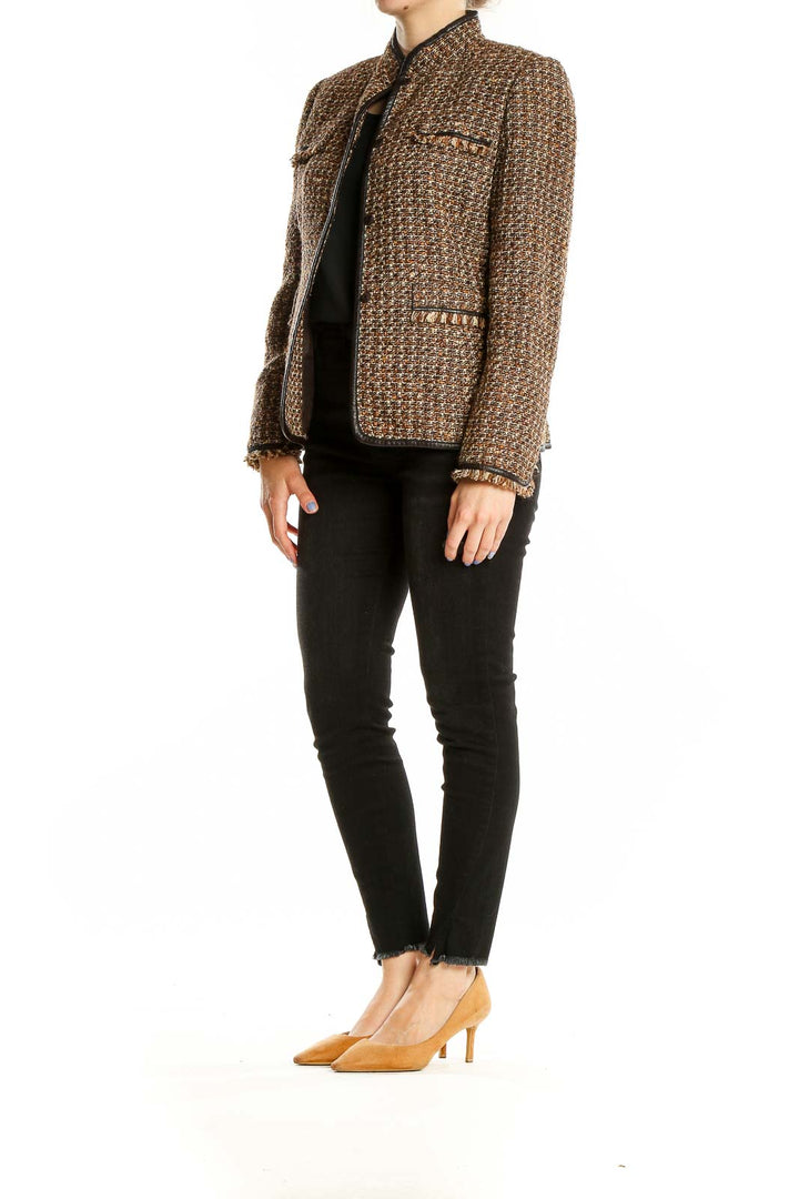 Front view of Tahari Arthur S. Levine brown tweed jacket with mandarin collar