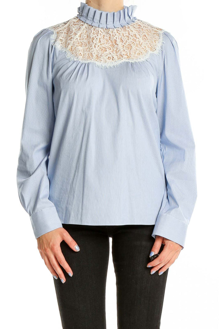Front view of Halogen Light Blue Lace Yoke Ruffle Neck Blouse