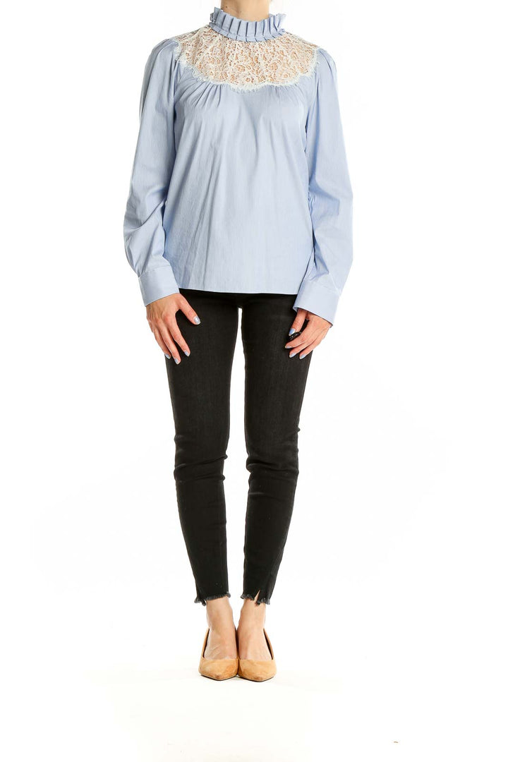 Front view of Halogen Light Blue Lace Yoke Ruffle Neck Blouse